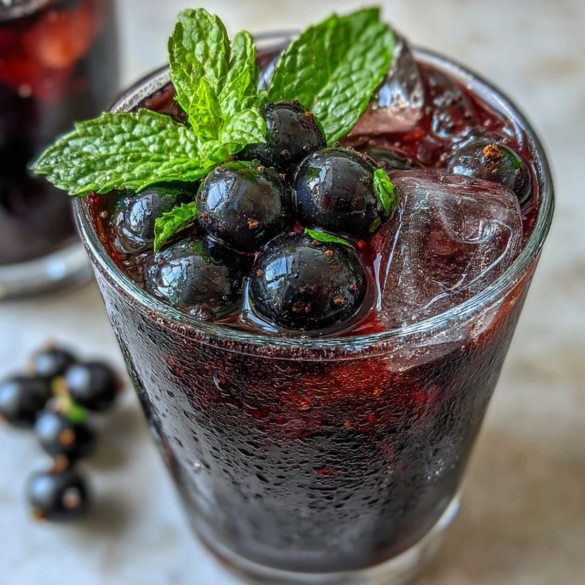 Sparkling Black Currant It Berry Celebration Drink served over ice with fresh mint and lemon garnish.