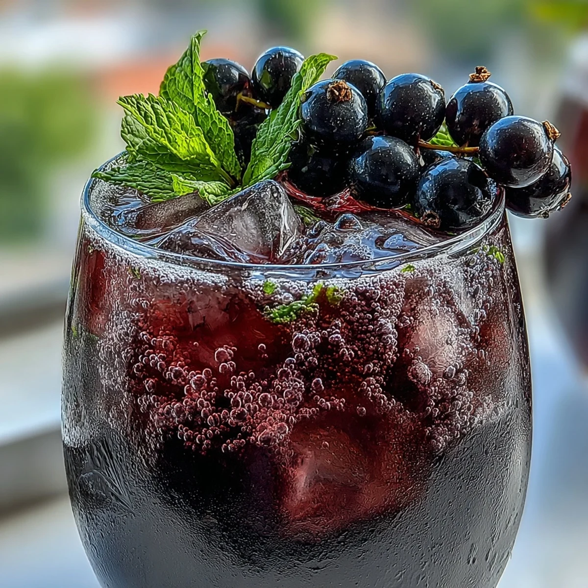Clear glass pitcher of Black Currant It Berry Celebration Drink infused with mint and lemon.