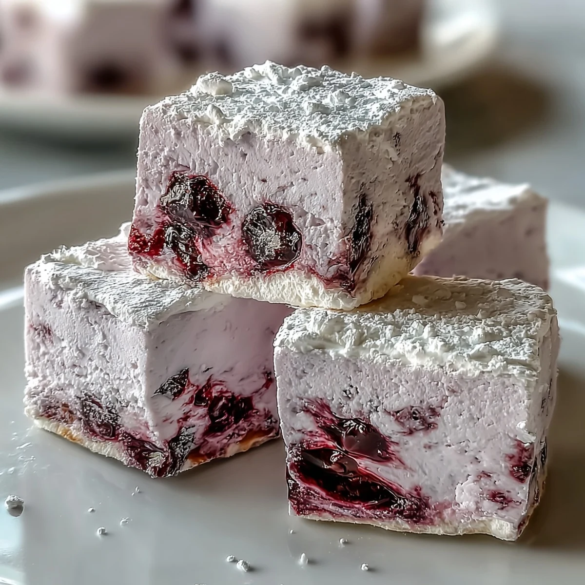 A close-up of fluffy Black Currant Marshmallows dipped in dark chocolate with fresh berries nearby.