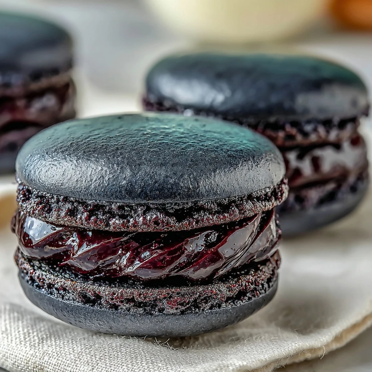 Stacks of delicate French Black Currant Macarons with vibrant purple filling are arranged on a white ceramic platter beside a steaming cup of tea.