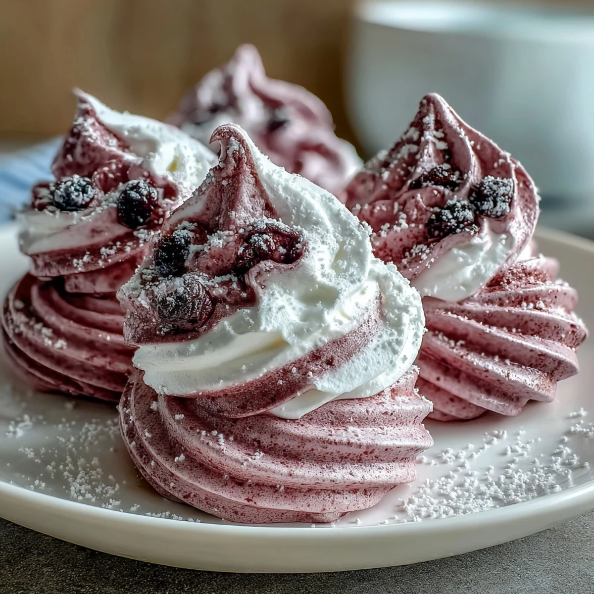 Delicate Black Currant Meringues with a vibrant purple swirl, resting on a wire cooling rack after baking.