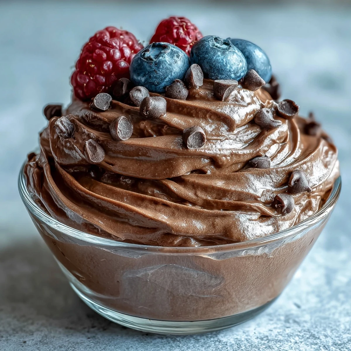 Fluffy chocolate protein fluff served in a glass bowl topped with fresh berries.