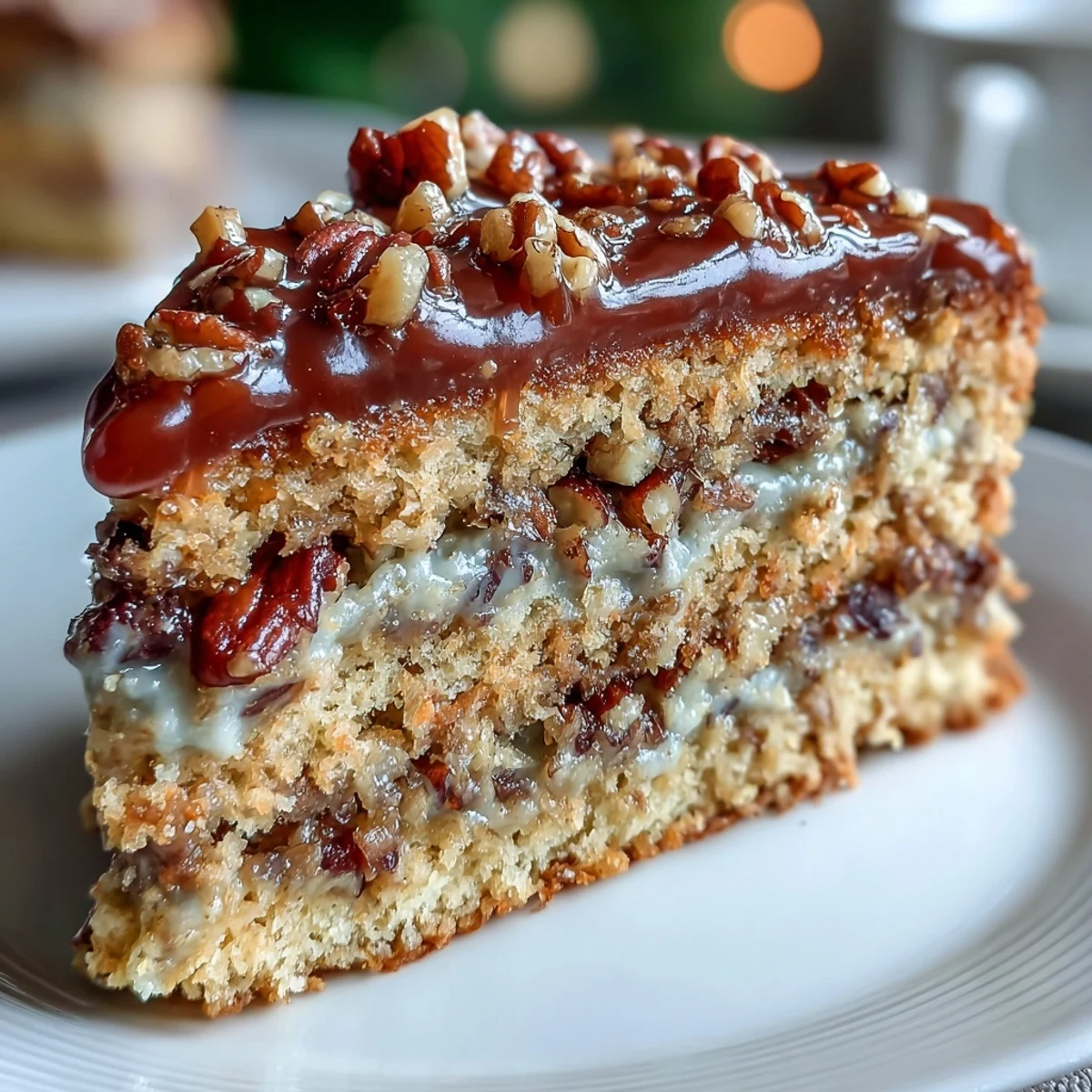 Close-up of the Christmas Toffee Crunch Cake showing toffee bits and nuts baked into moist golden layers.