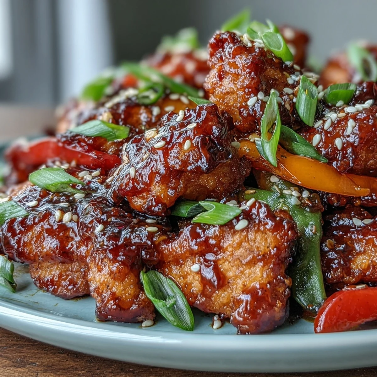 Spicy Sweet Chicken Diablo served hot over fluffy jasmine rice, garnished with sesame seeds and sliced green onions.