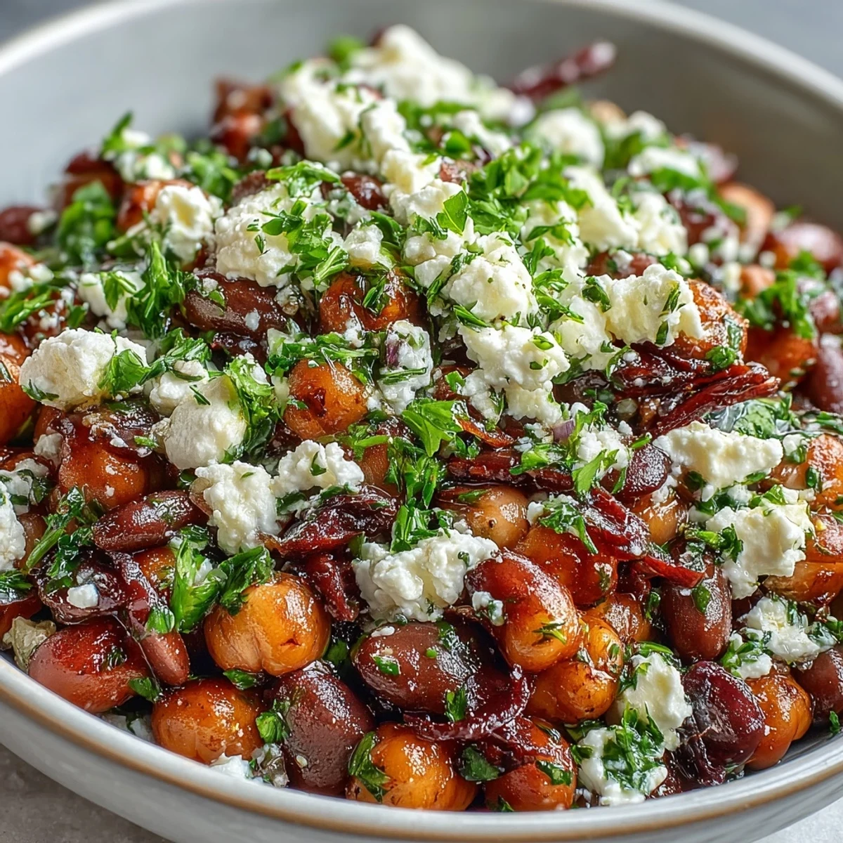 Brightly colored Divorce Salad in a white bowl features marinated chickpeas, black beans, crumbled feta, fresh parsley, and thinly sliced red onions.