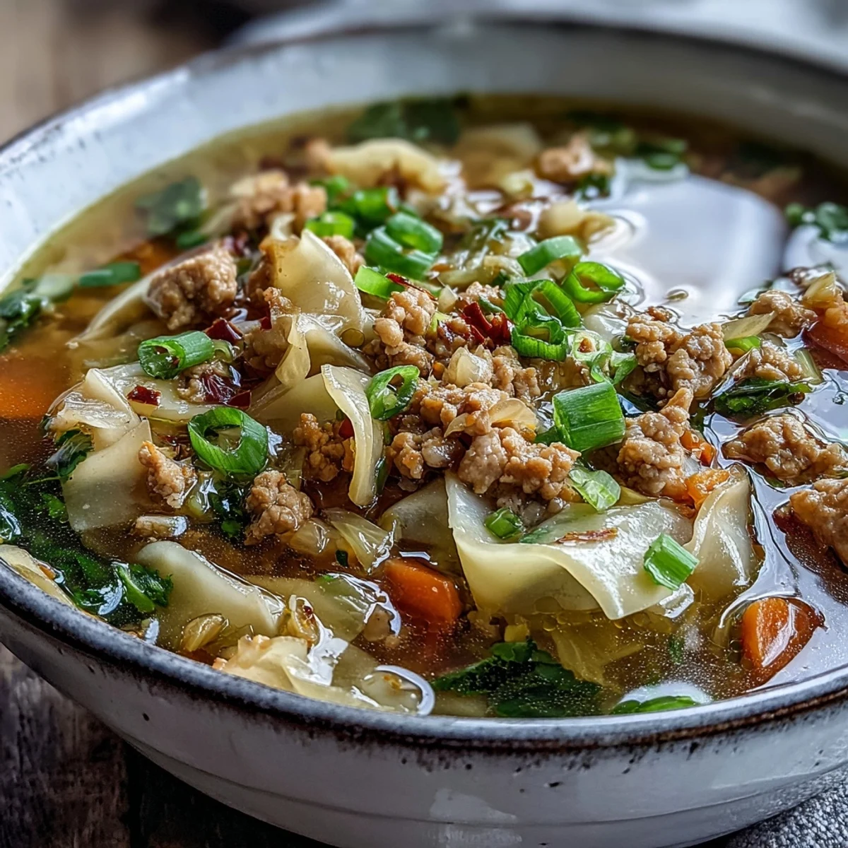 A steaming bowl of One-Pot Egg Roll Soup topped with fresh green onions, served alongside crispy wonton strips.