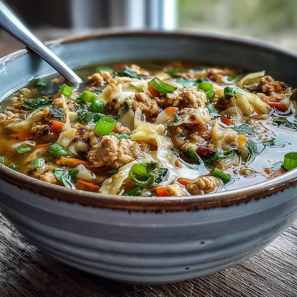 Close-up of a ladle pouring hot One-Pot Egg Roll Soup into a bowl, revealing soft egg ribbons and tender vegetables.