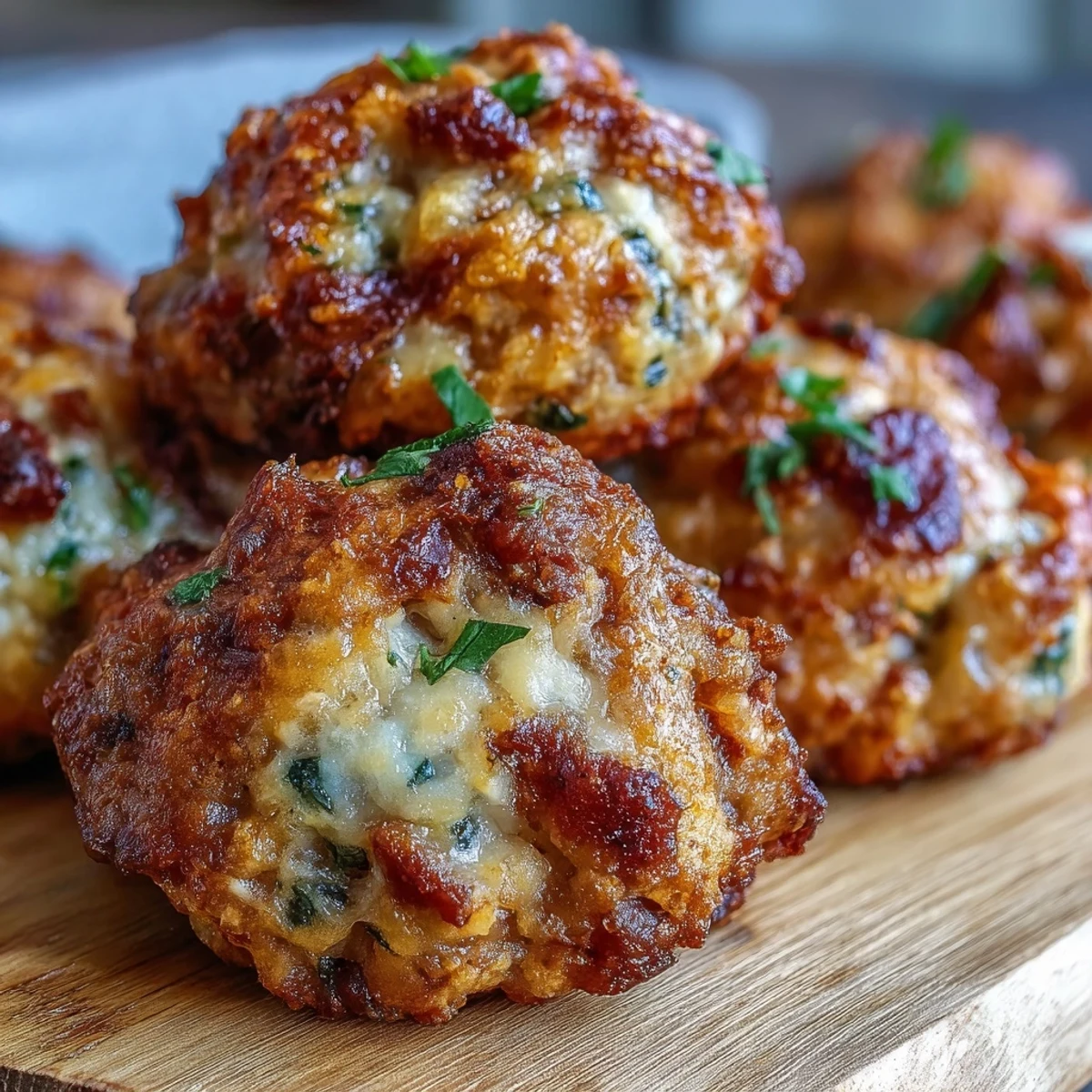 Golden-baked Rotel Sausage Balls fresh from the oven, featuring crispy edges and flecks of tomato and green chilies.