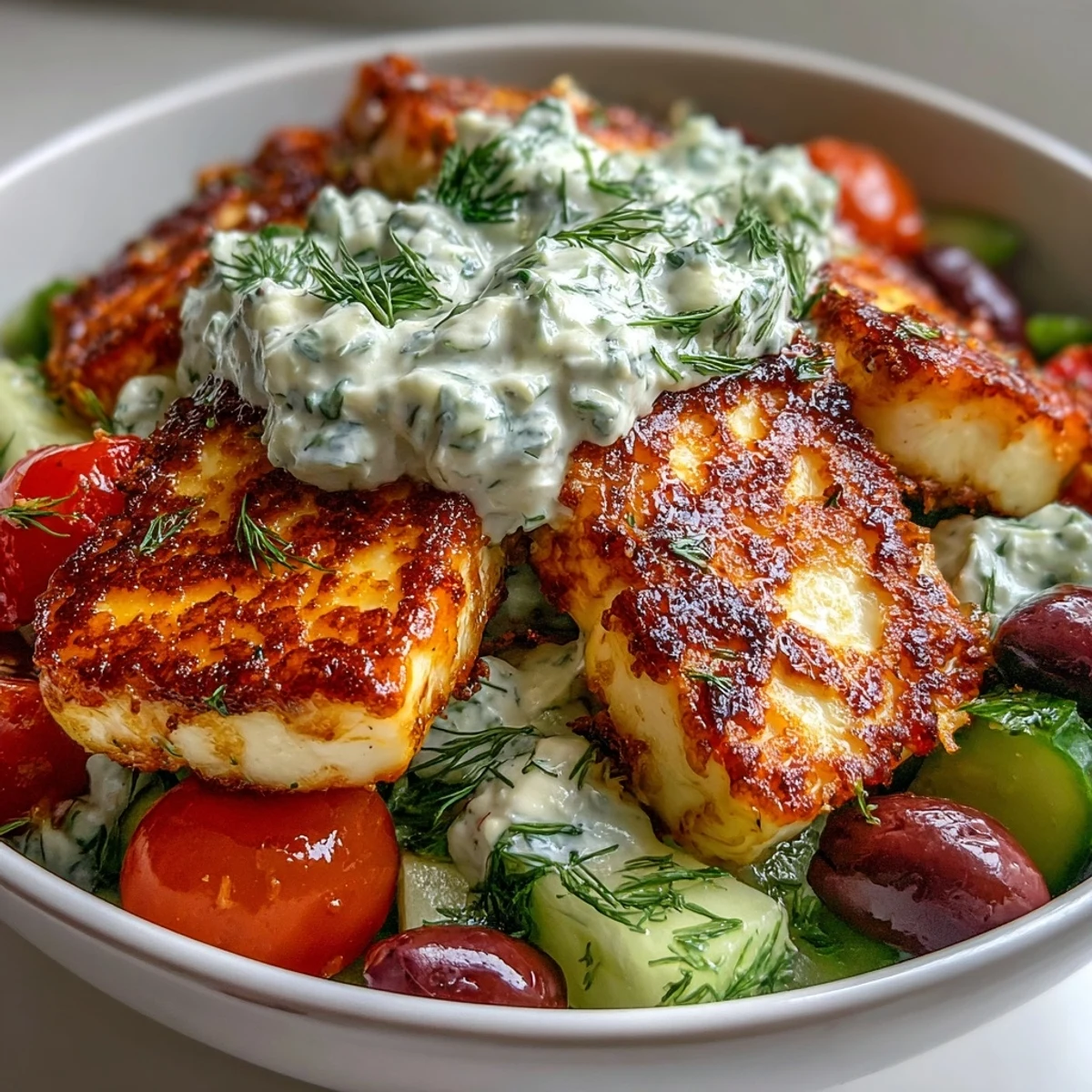 Golden-seared Greek Halloumi Power Bowl with rice, fresh veggies, tzatziki, and warm pita wedges on a plate.