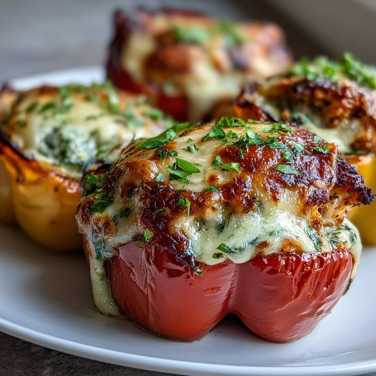 Garlic Parmesan Chicken Stuffed Peppers in colorful bell peppers, filled with tender chicken, rice, and rich cream sauce.