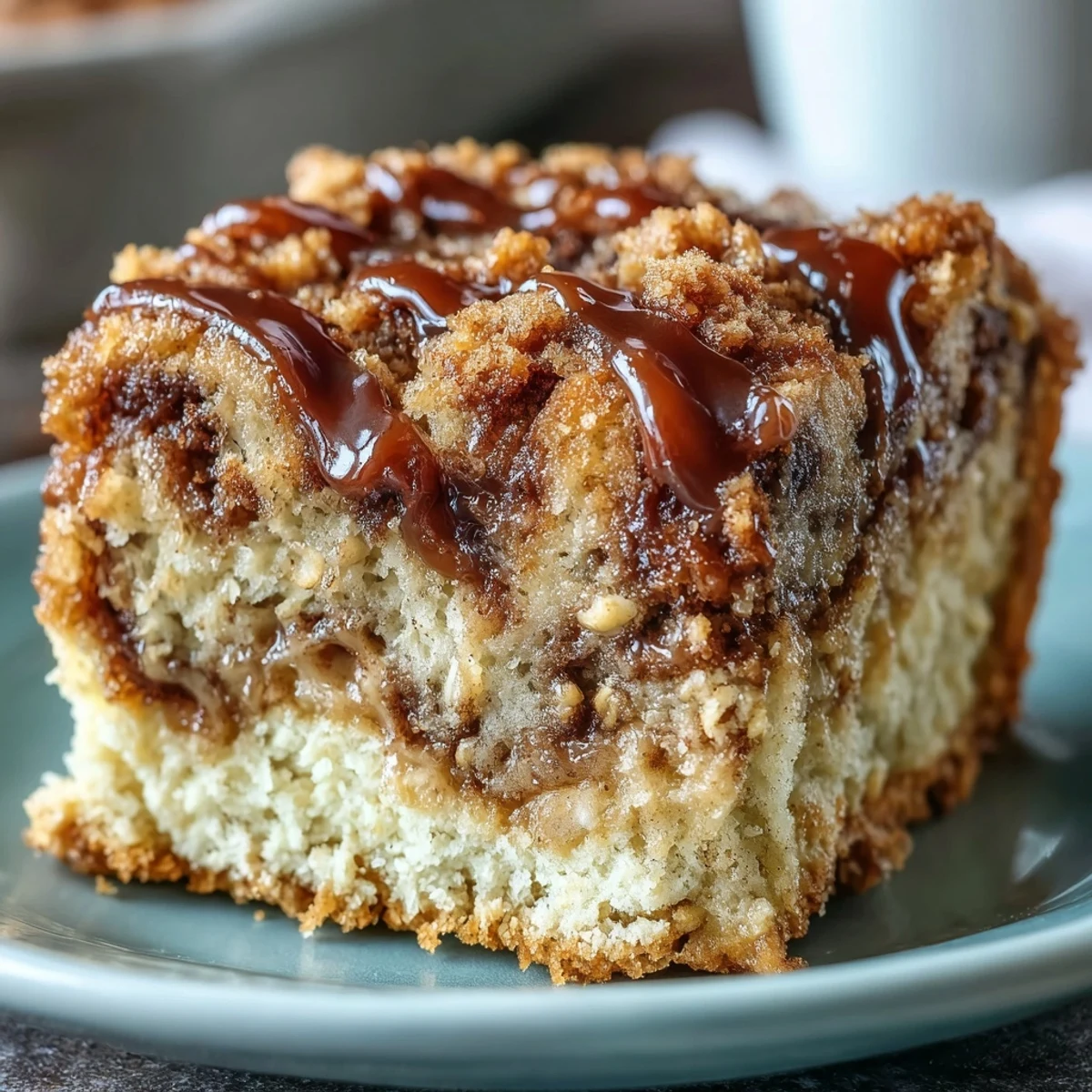 Freshly baked High-Protein Cinnamon Swirl Coffee Cake Oats topped with golden crumble and maple syrup.