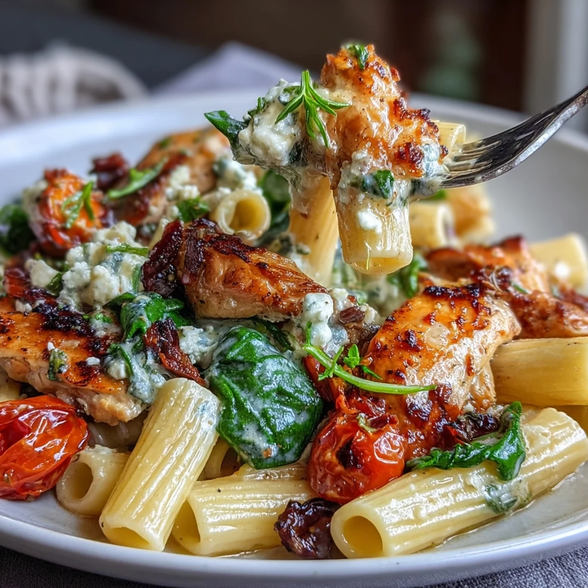 Garlicky pasta with roasted chicken, spinach, and feta, served hot with fresh parsley and lemon zest.