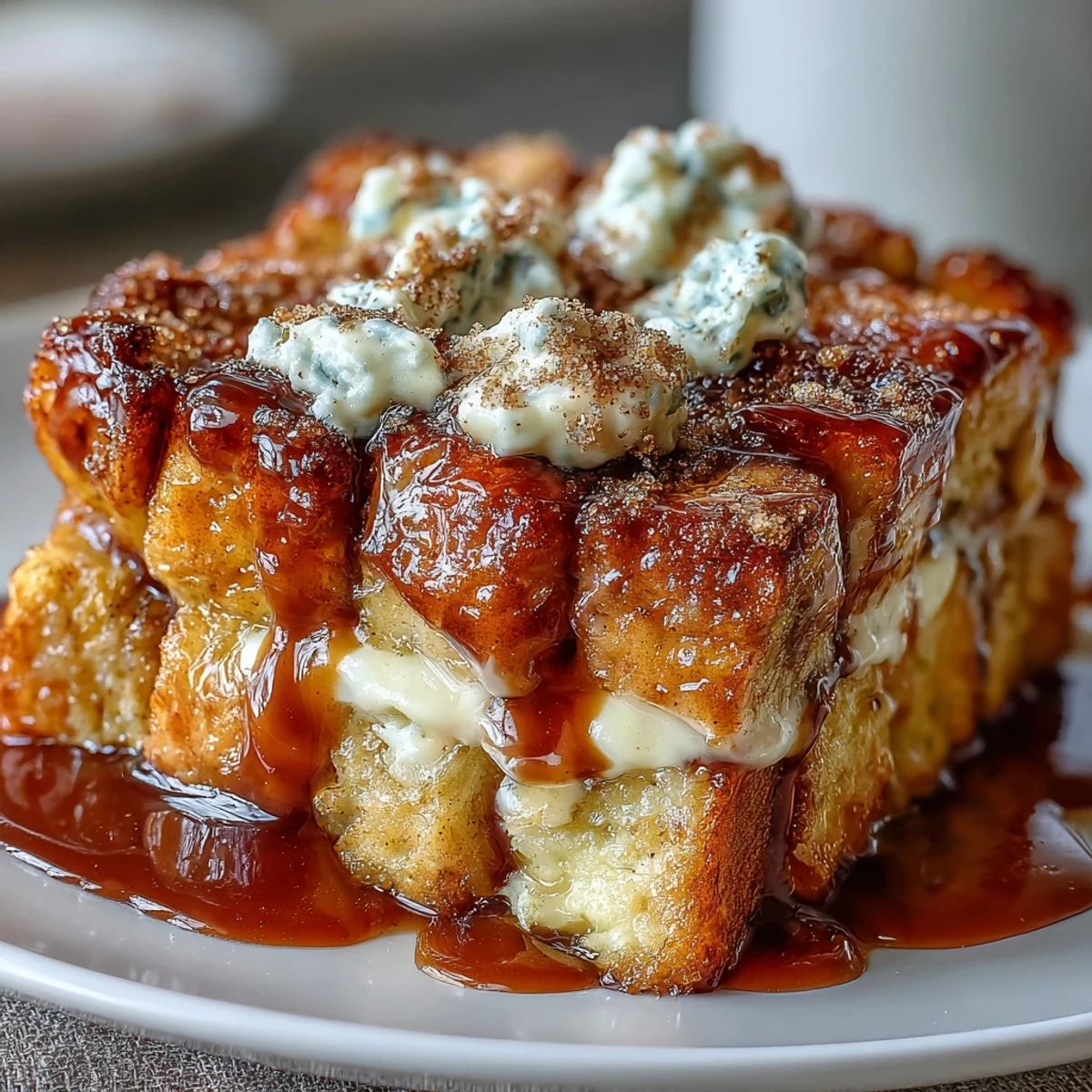 Warm slices of Caramel Cream Cheese French Toast Casserole topped with fresh berries and a drizzle of extra caramel.
