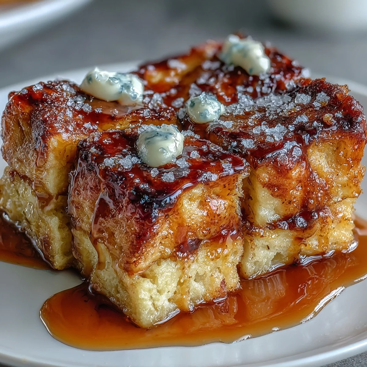 Golden slices of baked Caramel Cream Cheese French Toast Casserole fresh from a 9x13 dish.