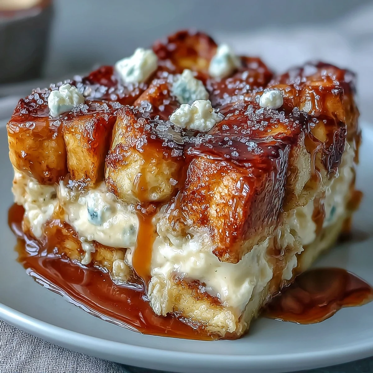 A close look at the creamy, caramel-drizzled Caramel Cream Cheese French Toast Casserole for brunch.