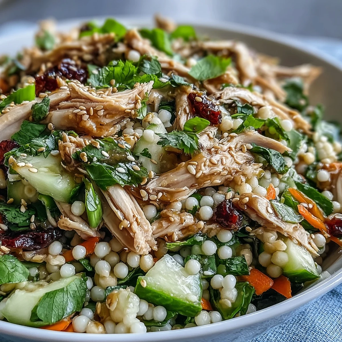 Pearl couscous salad with shredded rotisserie chicken, crisp cucumber, carrots, scallions, and fresh herbs tossed in a savory sesame-soy dressing and finished with toasted sesame seeds, served as a vibrant main dish.