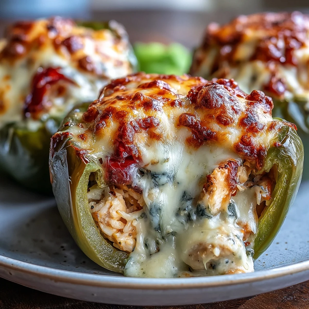 Tender peppers filled with savory chicken, rice, and herbs, served hot as a comforting meal.