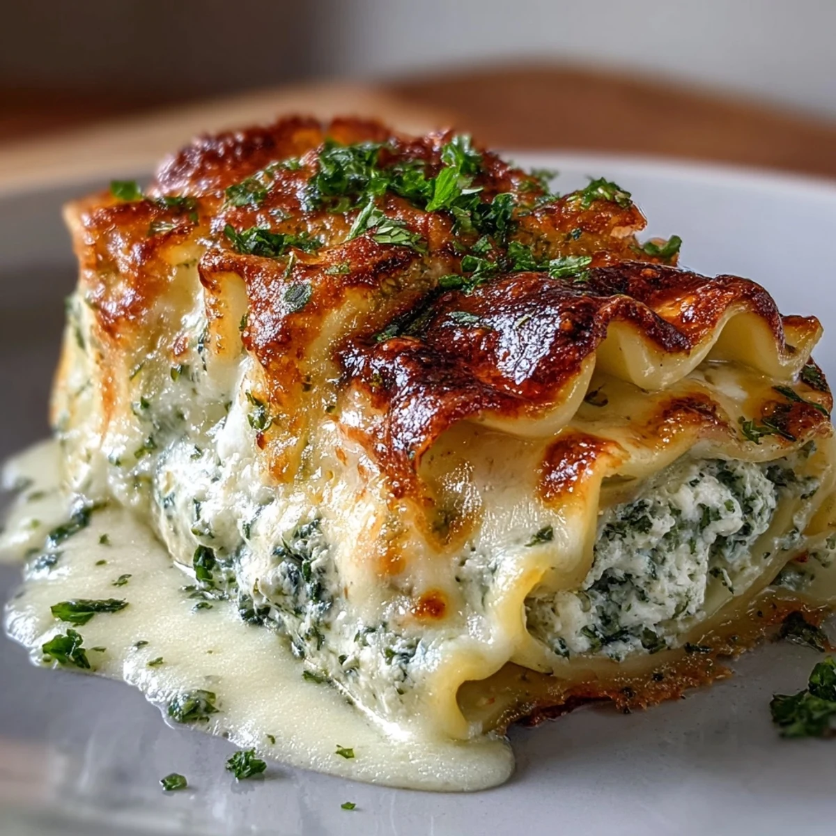 Close-up view of a platter of Garlic Butter Lasagna Roll-Ups, drizzled with garlic butter sauce.