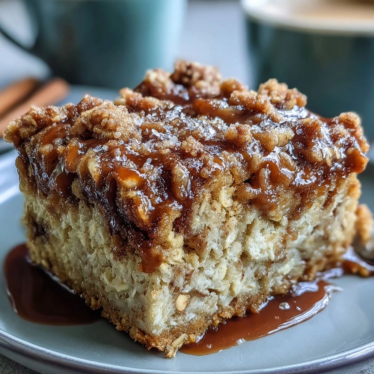 Golden-baked High-Protein Cinnamon Swirl Coffee Cake Oats with a crumbly streusel topping in a white dish.