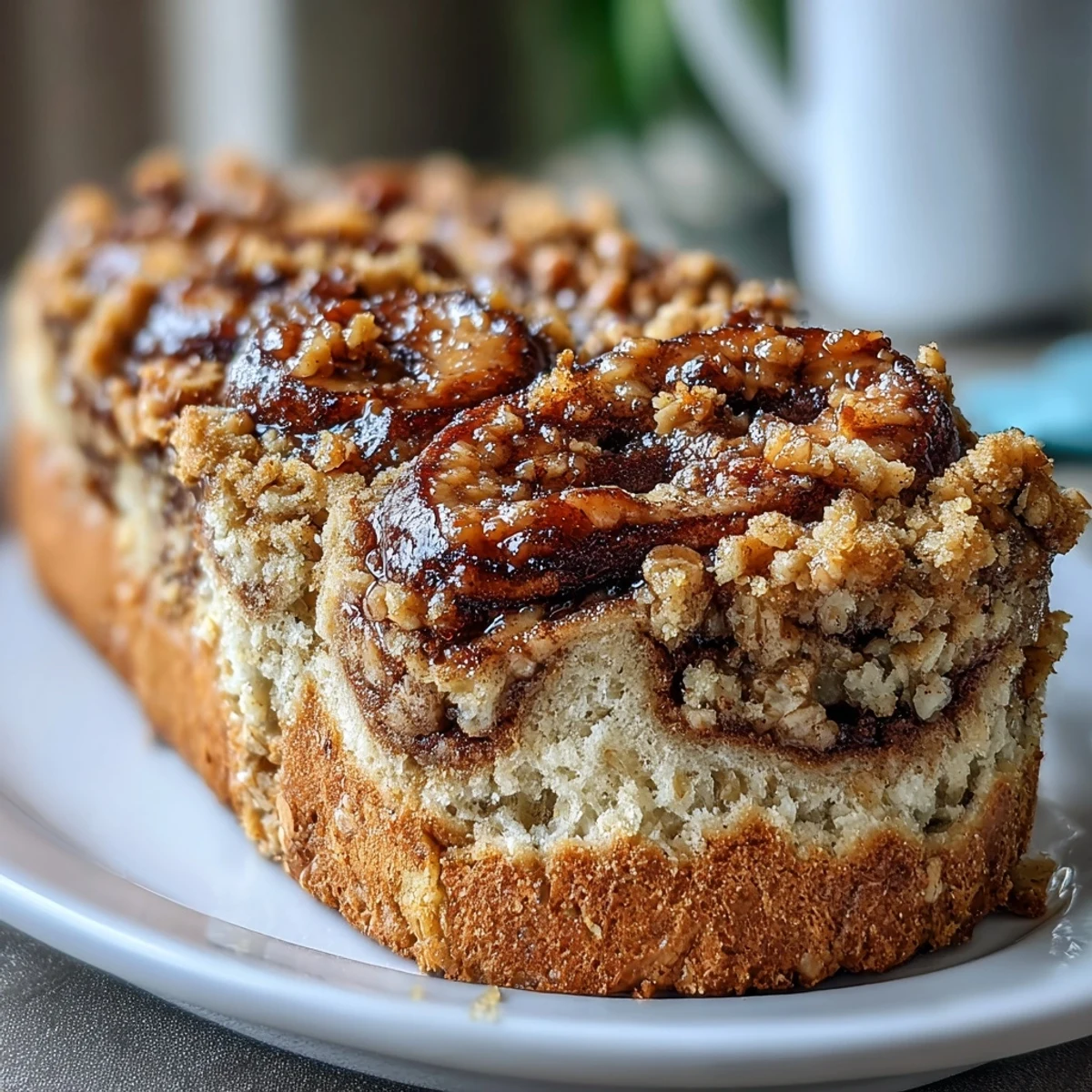 Freshly sliced squares of High-Protein Cinnamon Swirl Coffee Cake Oats served with Greek yogurt and fresh berries.