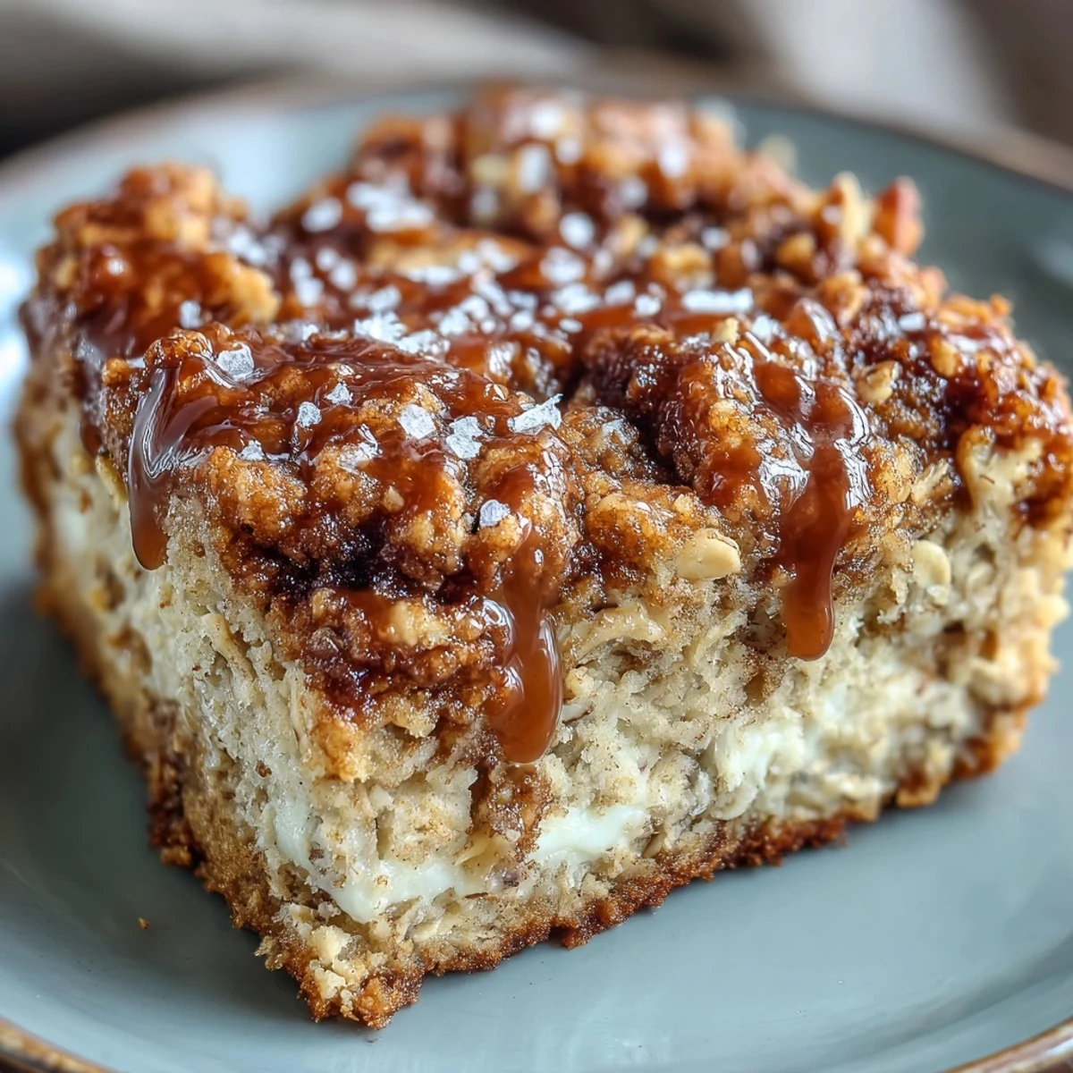 A warm serving of High-Protein Cinnamon Swirl Coffee Cake Oats on a plate with a wooden spoon.