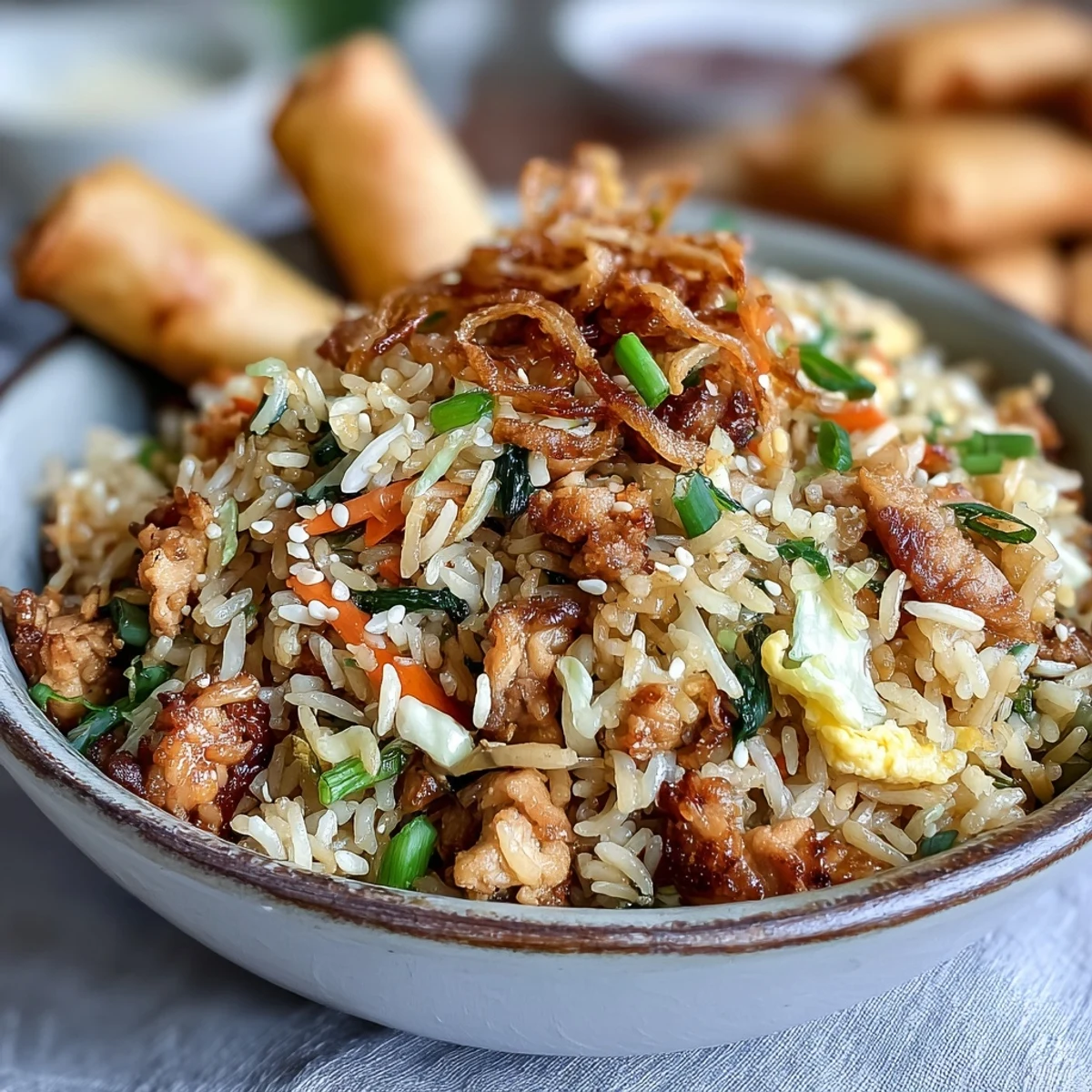 A close-up of Crispy Chicken Fried Rice topped with toasted sesame seeds and fresh green onions, packed with crunchy cabbage and carrots.