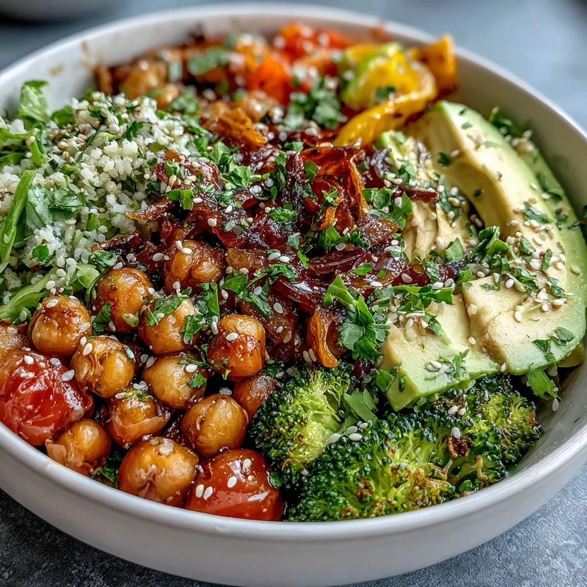 Rainbow Veggie Buddha Bowl with Sesame Ginger Dressing topped with avocado, tomatoes, and sesame seeds.