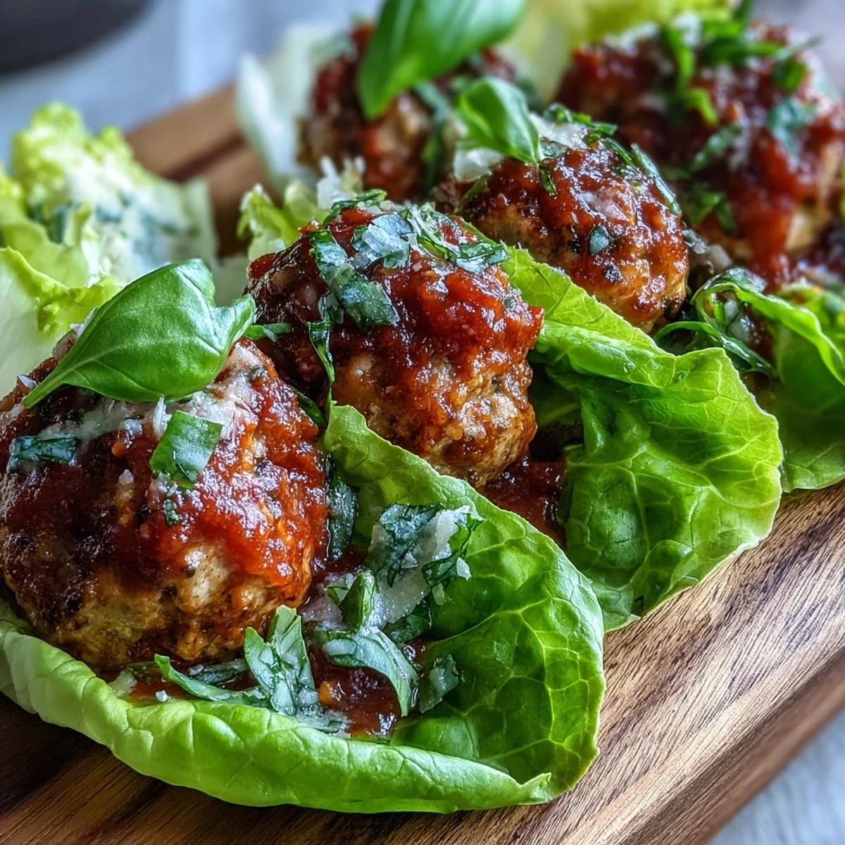 A close-up of glazed turkey meatballs in fresh romaine leaves topped with marinara and Parmesan, a gluten-free alternative to classic subs.