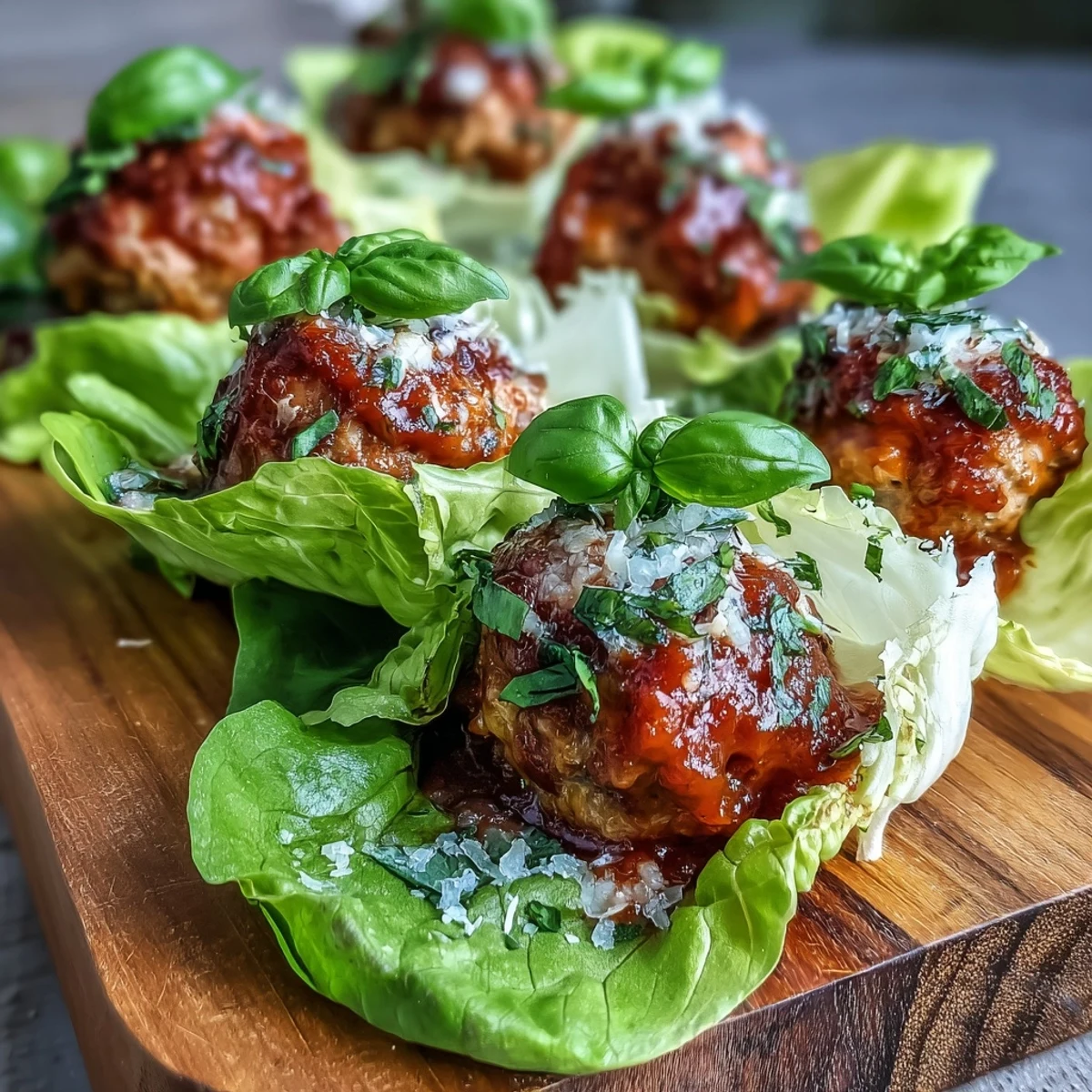 Skinny Turkey Meatball Lettuce Wraps with Marinara served warm as a low-carb, protein-packed dinner perfect for easy weeknight cooking.