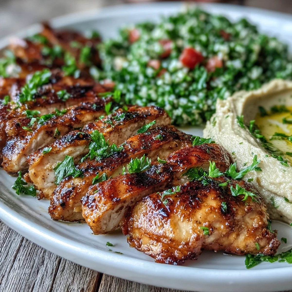 Sliced Mediterranean Grilled Chicken rests on creamy hummus and bright tabbouleh, garnished with fresh parsley and lemon wedges on a rustic plate.