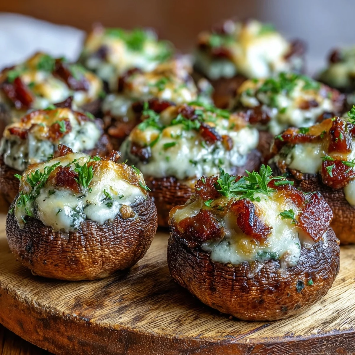 Golden-brown Keto Bacon and Cheese Stuffed Mushrooms resting on a parchment-lined baking sheet, garnished with fresh parsley.