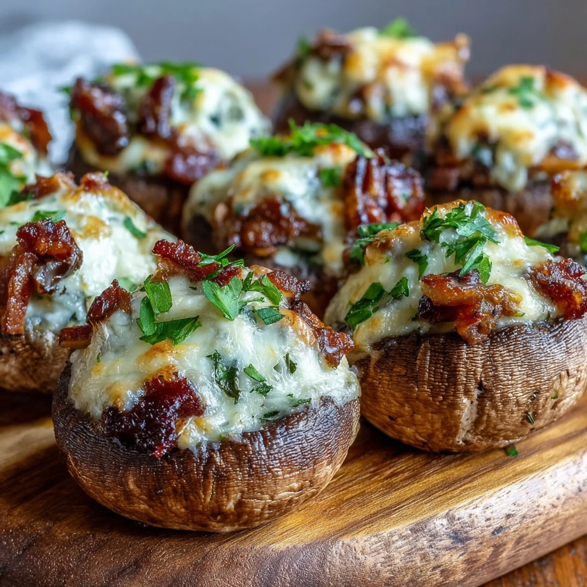 Savory Keto Bacon and Cheese Stuffed Mushrooms served warm on a ceramic platter, perfect for a low-carb party appetizer.