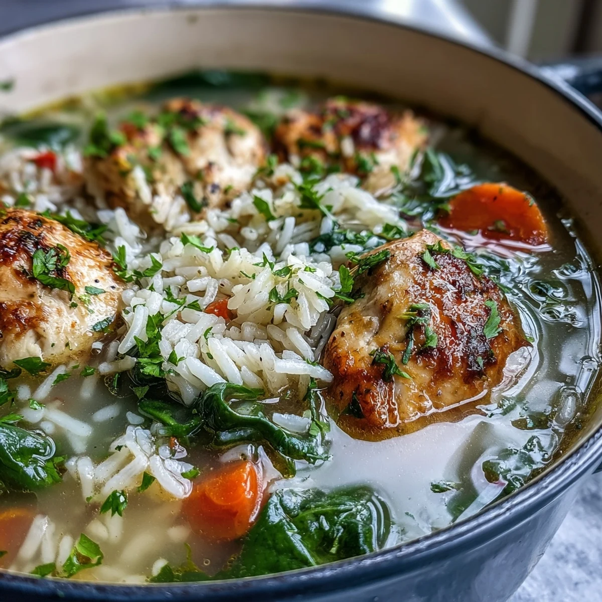 One-Pot Lemon Chicken Rice Soup with Veggies steaming in a white bowl, garnished with fresh parsley and crusty bread.