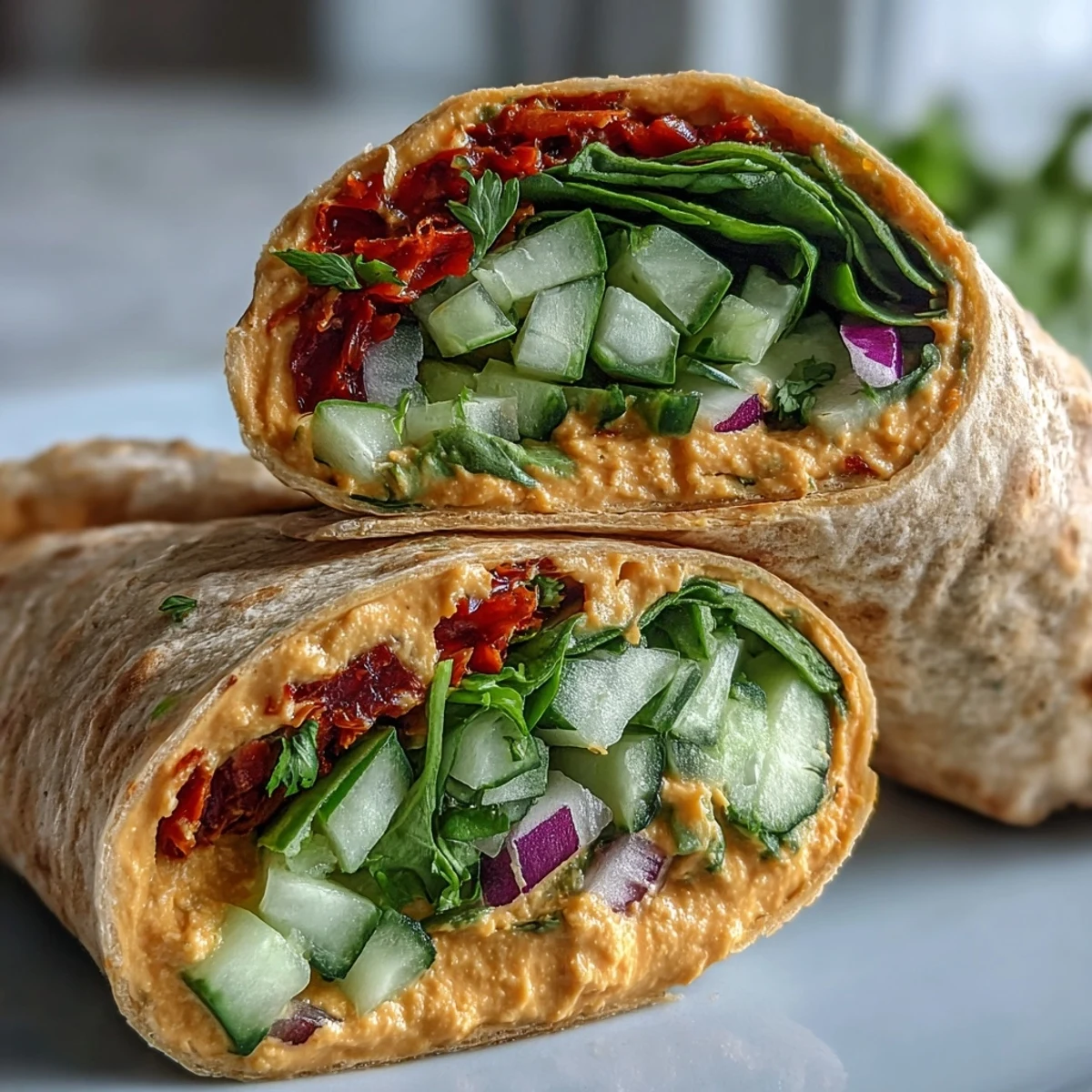 A close-up of a Vegan Sun-Dried Tomato Hummus Veggie Wrap cut in half on a plate.