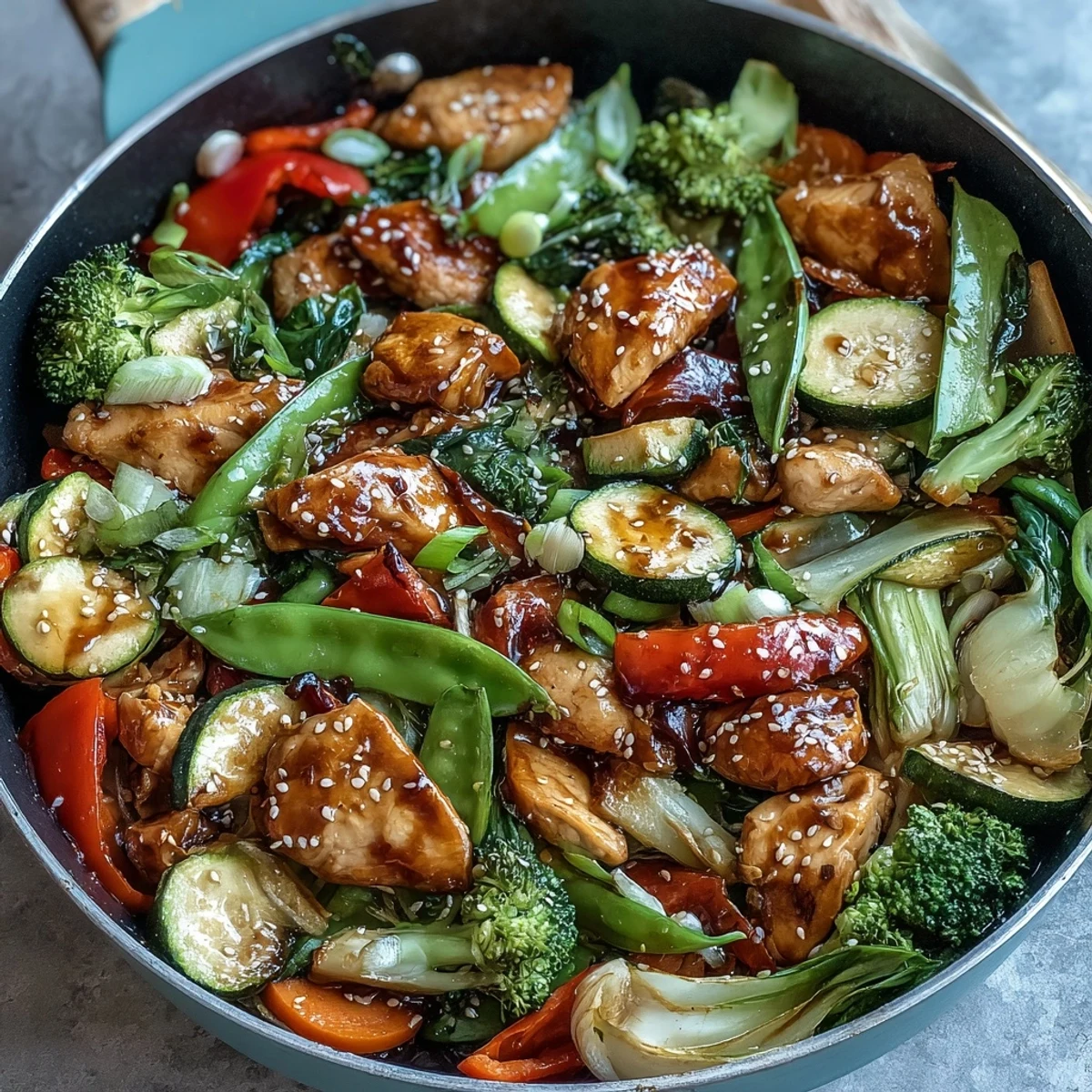 Bright red bell peppers and broccoli florets coated in glossy sauce in a High-Protein Chicken and Veggie Stir-Fry.