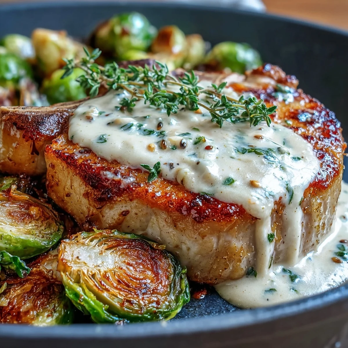 Golden seared pork chops covered in creamy Dijon sauce, served with crispy roasted Brussels sprouts on a plate.