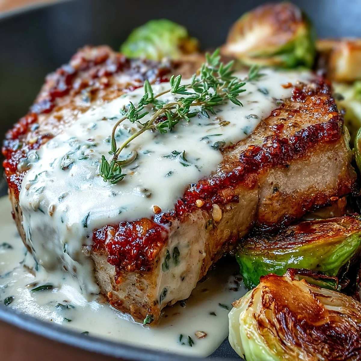 A close-up of juicy pork chops smothered in tangy mustard cream sauce, with oven roasted Brussels sprouts.
