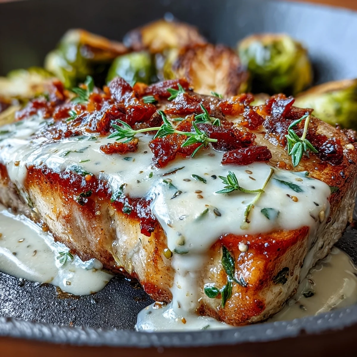 Savory keto pork chops in a rich Dijon pan sauce, paired with olive oil roasted Brussels sprouts.