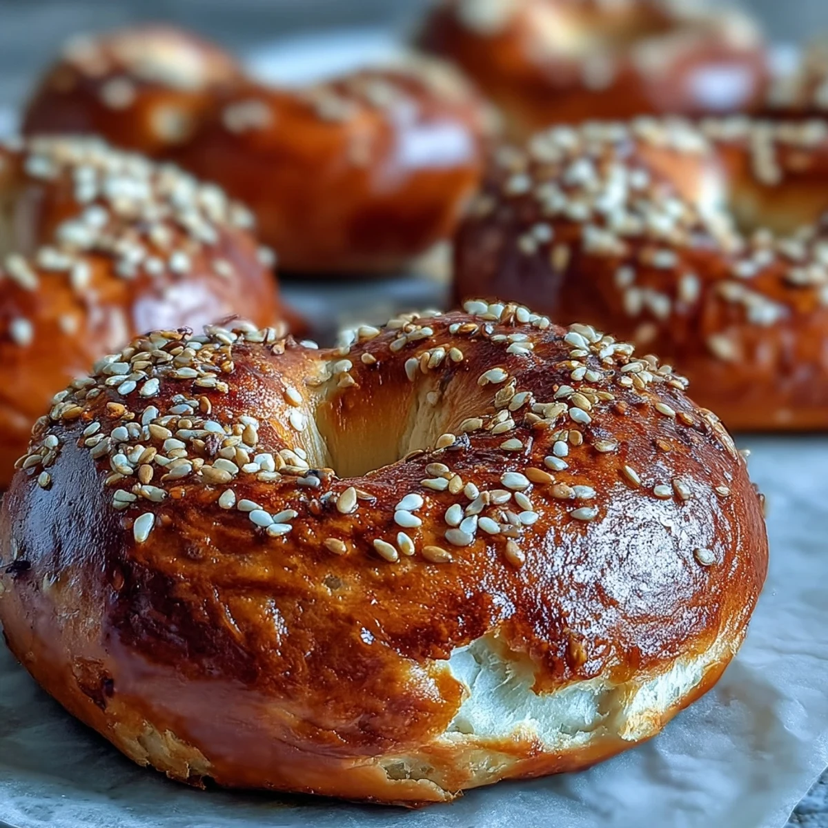 Four golden Greek Yogurt Bagels are arranged on a parchment-lined tray, ready for a healthy breakfast.