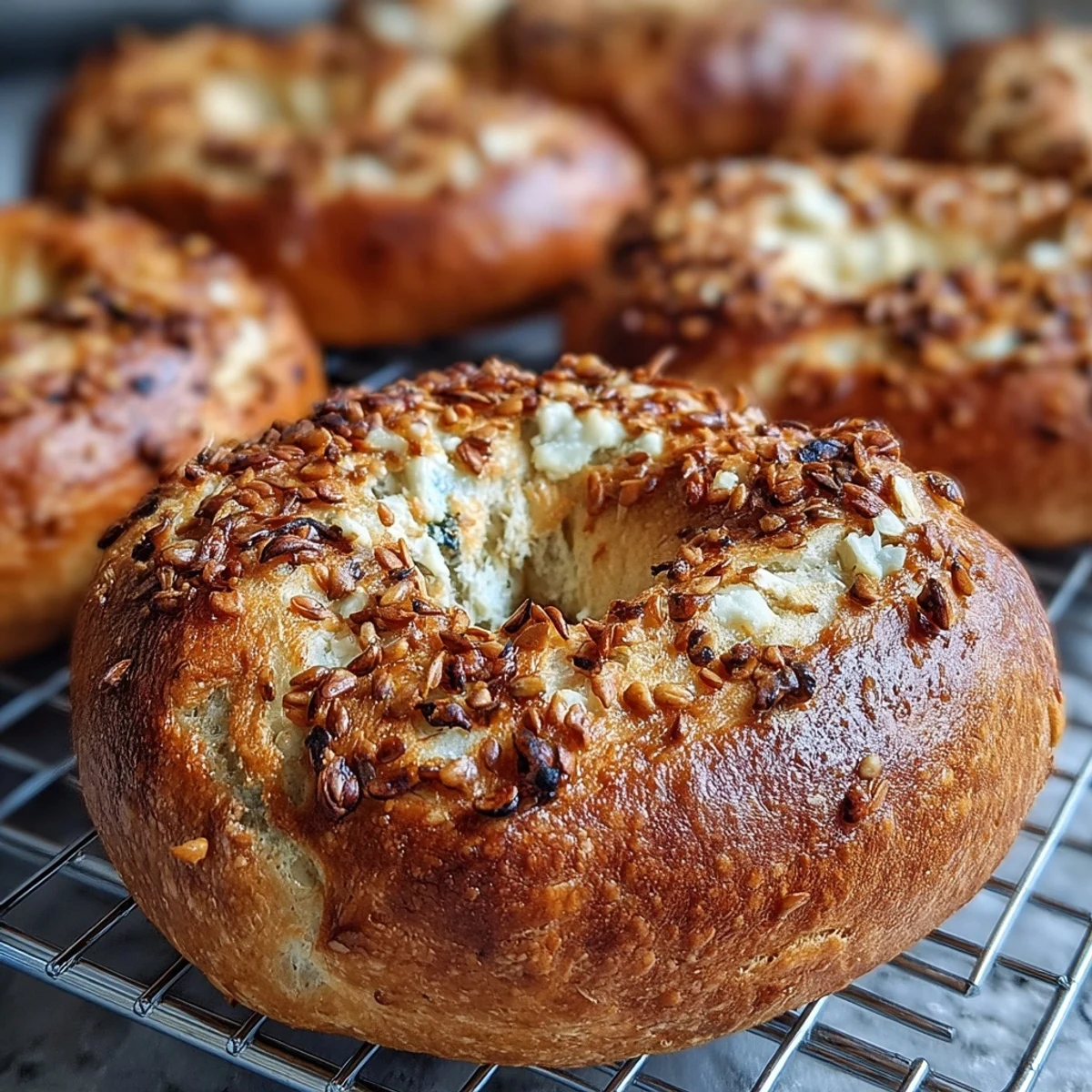 A hand spreads cream cheese over a warm Greek Yogurt Bagel with everything bagel seasoning.