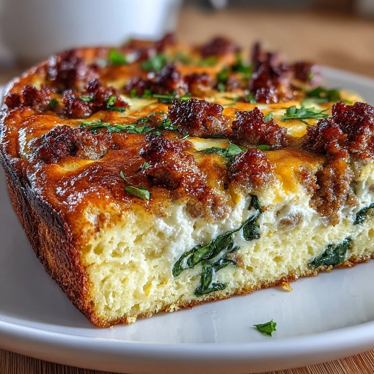 Hearty low-carb breakfast casserole with fluffy eggs, fresh spinach, and golden cheese topping.  