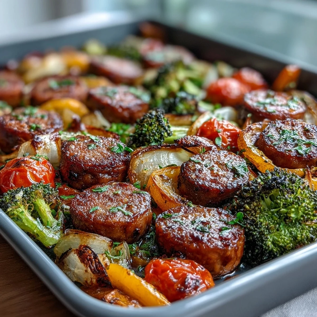 Colorful sheet pan rainbow veggie and sausage bake with roasted peppers, zucchini, and caramelized onions in one easy dish.