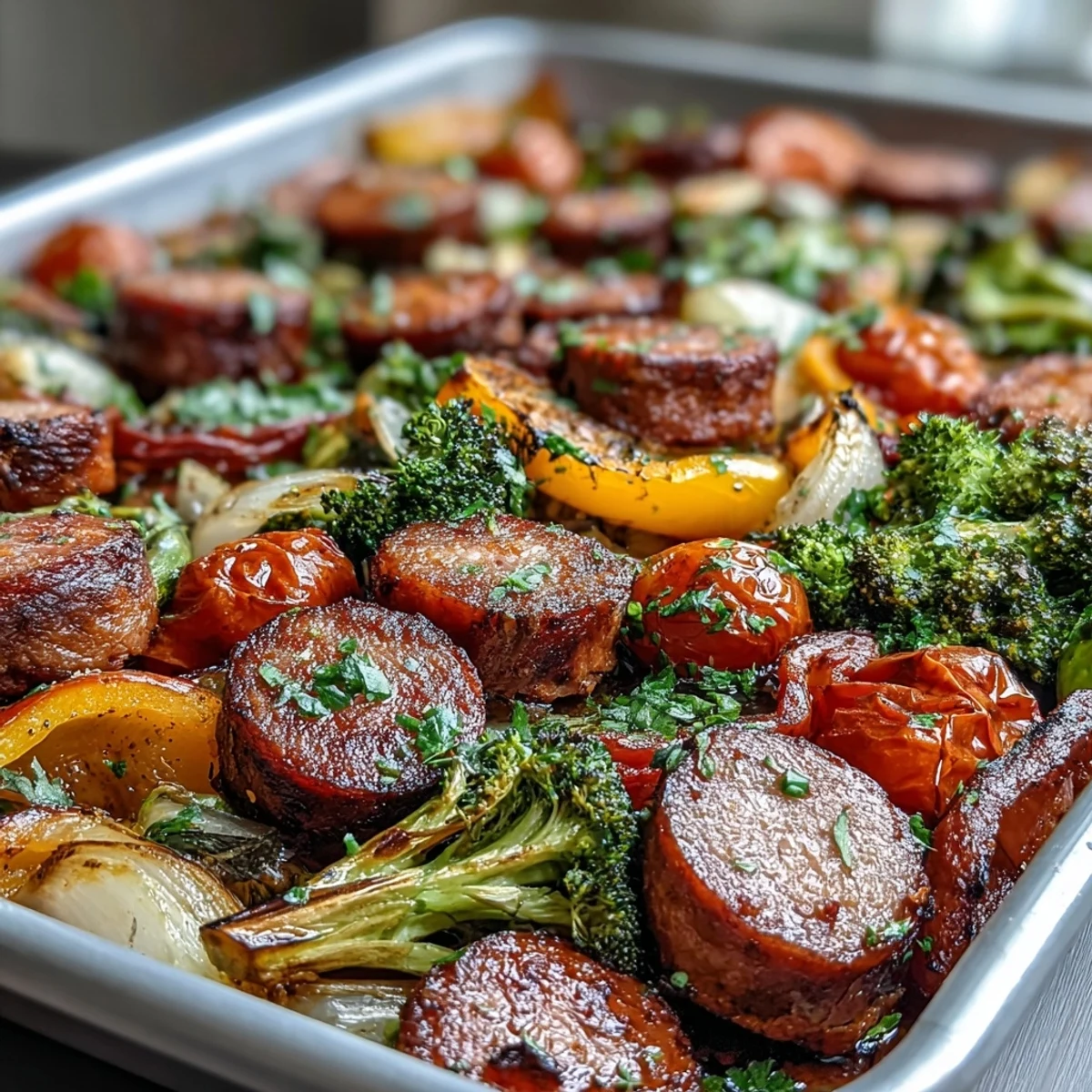 Vibrant sheet pan meal featuring rainbow vegetables and savory sausage, roasted until tender and slightly caramelized for a healthy dinner.