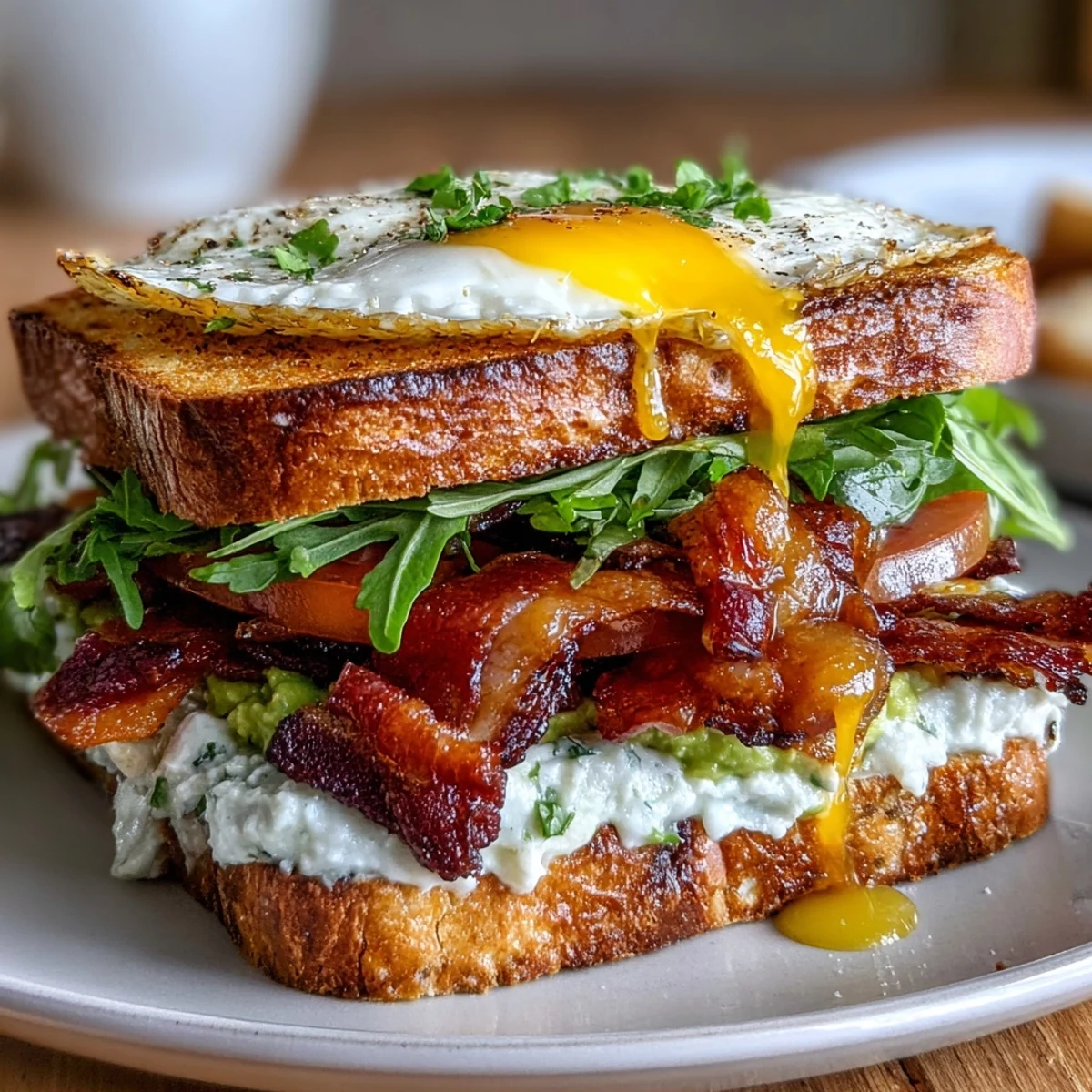 Crispy bacon and creamy avocado top toasted sourdough, crowned with a sunny-side-up egg and vibrant greens in this BLT-inspired breakfast.