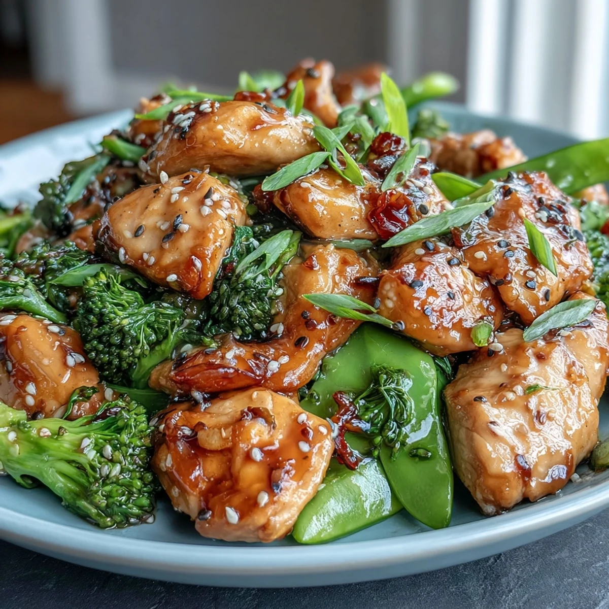 Healthy 30-minute chicken stir-fry with crisp broccoli and snap peas in a light savory sauce, perfect for quick weeknight dinners.