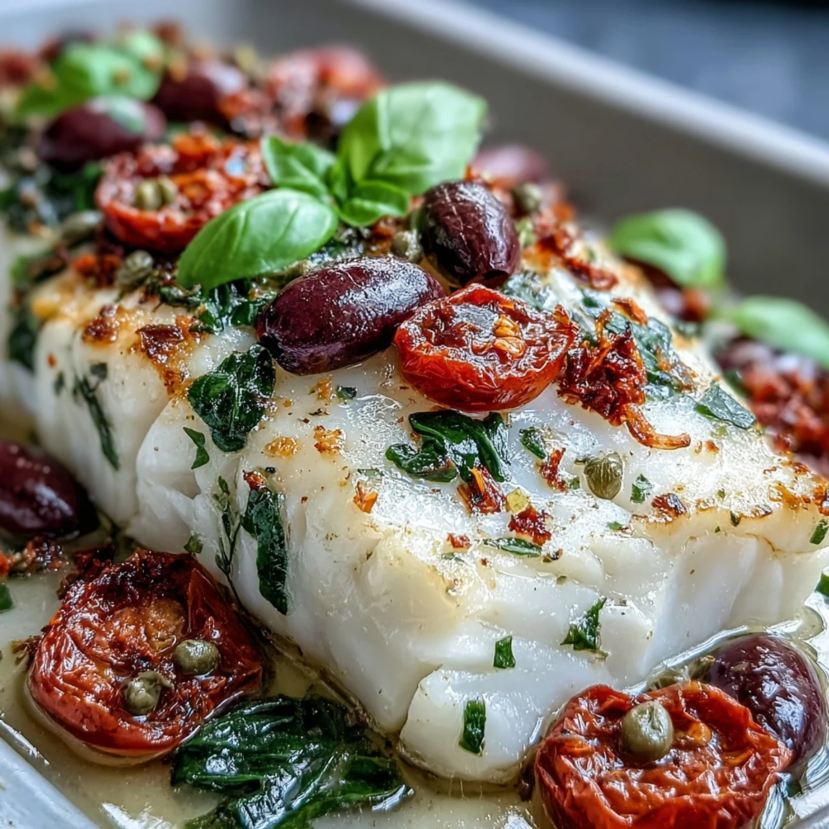 Oven-baked cod with juicy tomatoes, Kalamata olives, and fresh herbs for a flavorful Mediterranean dinner.  
