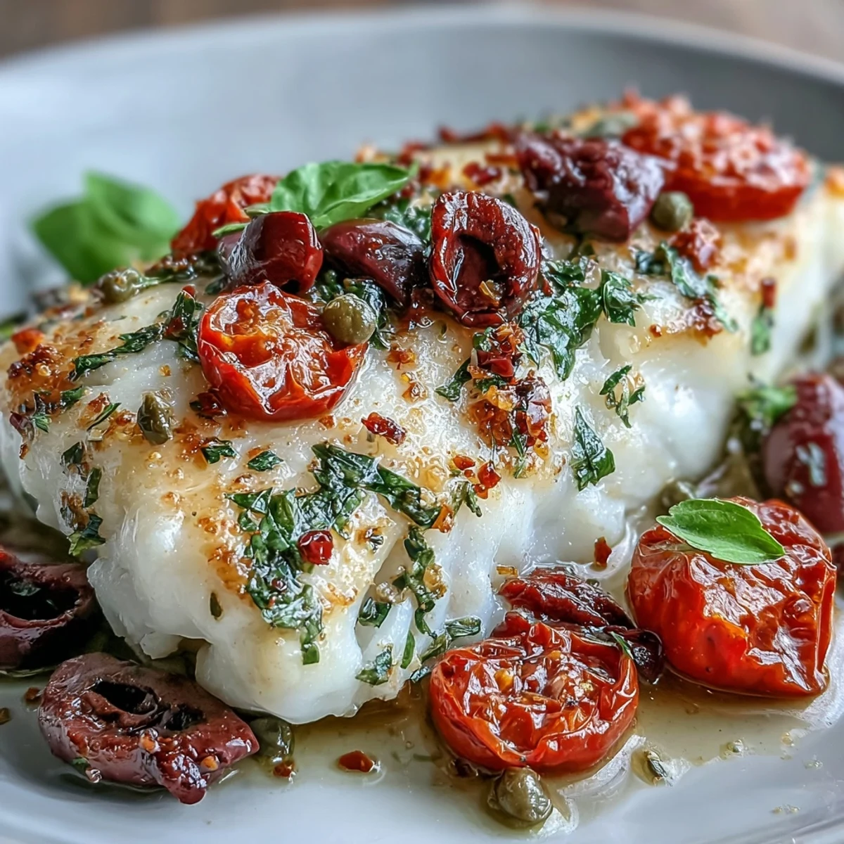 Mediterranean-style baked cod with tomatoes, olives, and fresh herbs, served with lemon wedges for a light, healthy meal.