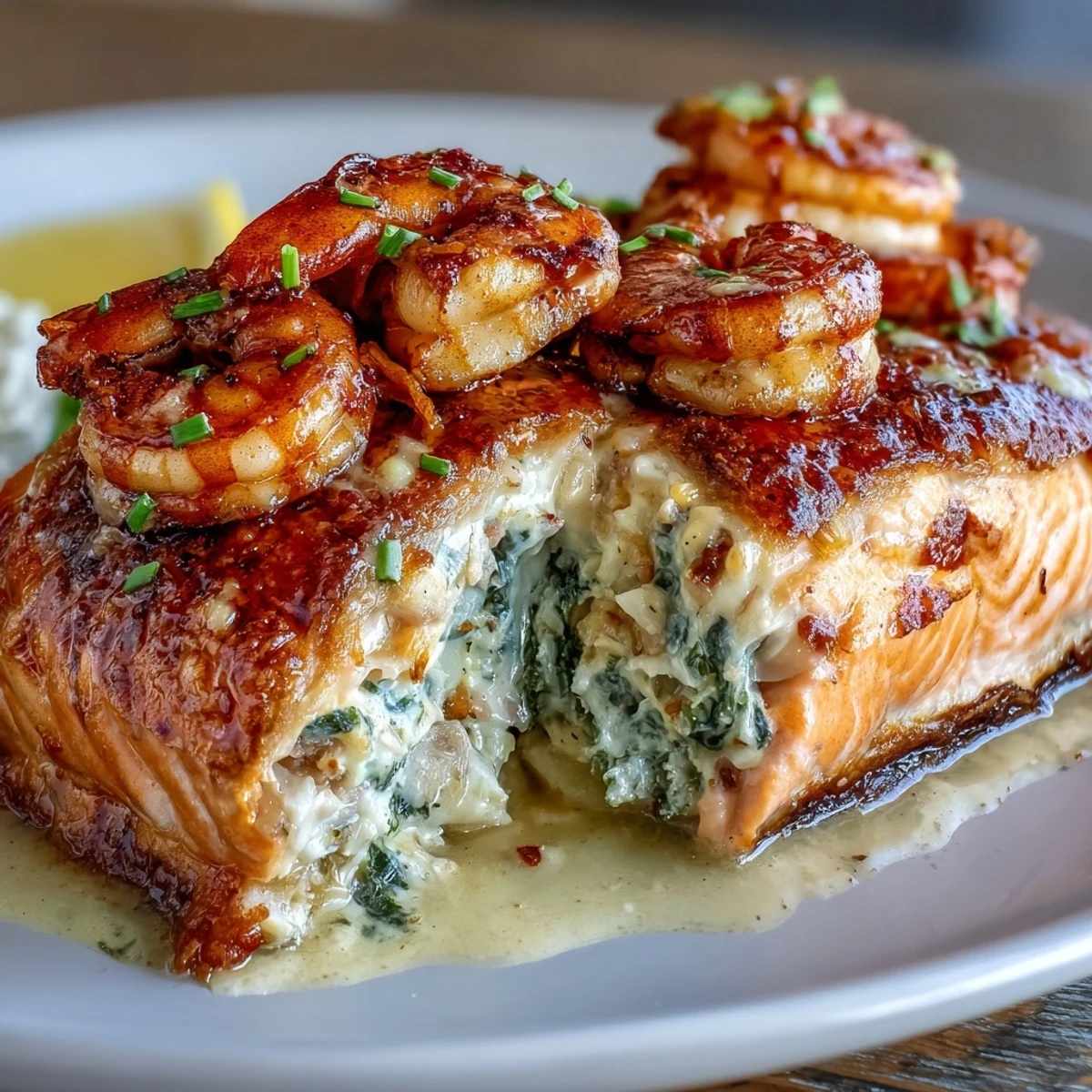 1. Juicy salmon fillets stuffed with creamy crab, shrimp, and spinach filling, topped with Cajun-spiced shrimp and baked to golden perfection.  