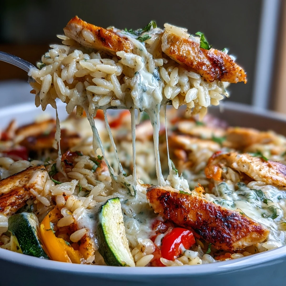 Mouthwatering Boursin Orzo Bake with chicken, vegetables, and creamy cheese, baked until golden and bubbling for a comforting dinner.