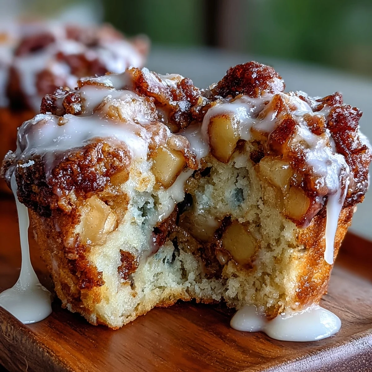 Freshly baked Apple Fritter Muffins with chunks of juicy apple, a light cinnamon aroma, and a drizzle of creamy powdered sugar glaze.